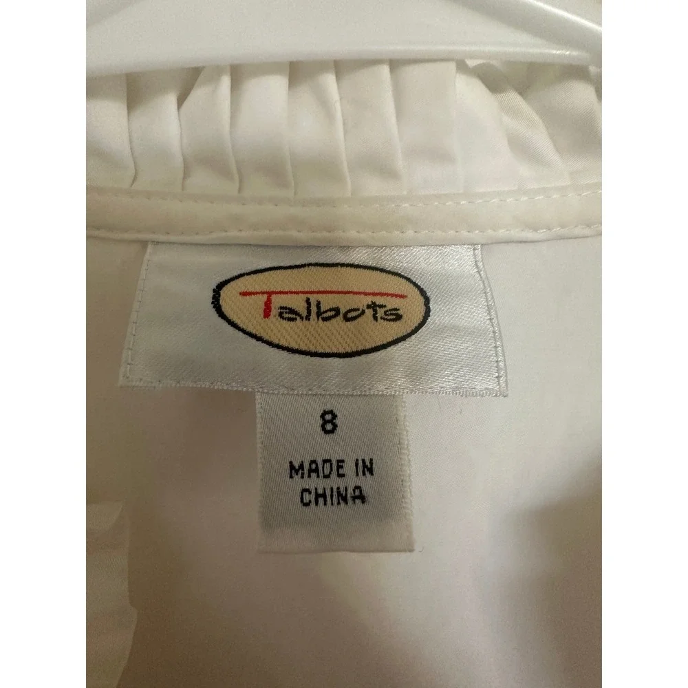 Vintage Talbots White Ruffle Trim Cotton Jacket Blouse Long Sleeve Size 8
